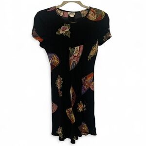 Vintage Mica Black Floral Asian Fan Graphics Short Sleeve Mini Dress